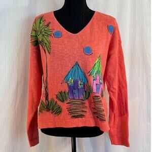 VTG Made in USA Victoria Pullover Knit Top Hand Painted Tropical Scene Cotton OS